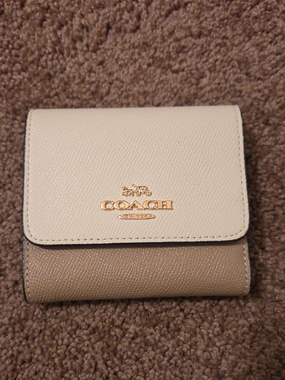 Coach Two-Tone Cream and Taupe Leather Compact Wallet with Gold Logo